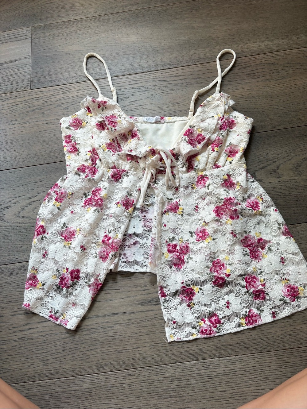 Garage White Lace Floral Tank with Pink Blooms